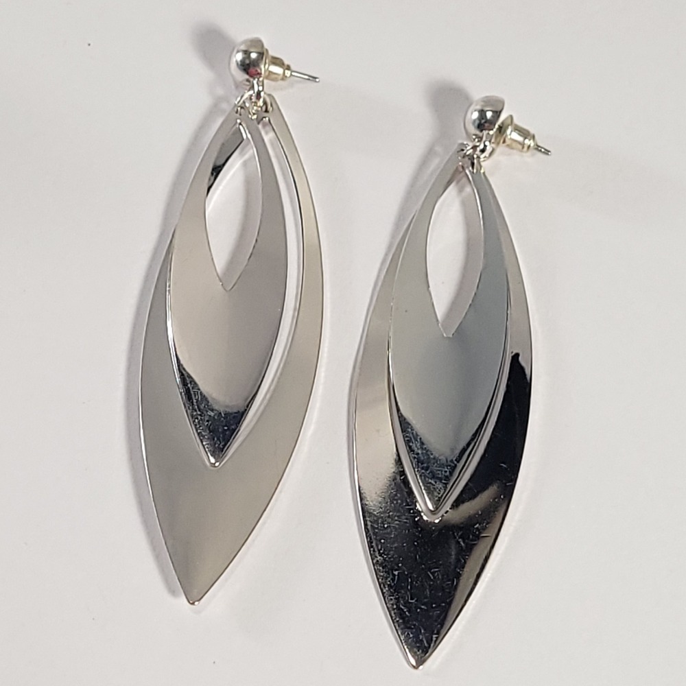 Modern Silver Tone Layered Marquise Drop Earrings High Polish Geometric MCM